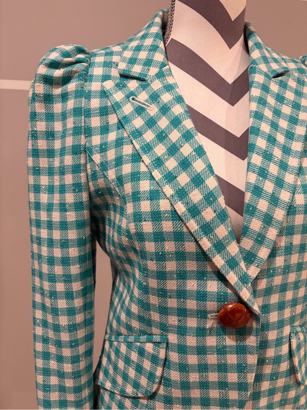 Smythe Pouf Sleeve Aqua Check Gingham Blazer - Picture 4 of 8